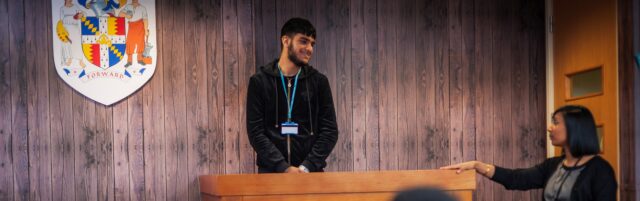 Student in mock courtroom