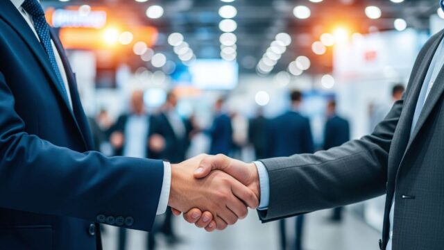 Two people wearing suits shake hands. More people in suits stand in the background.