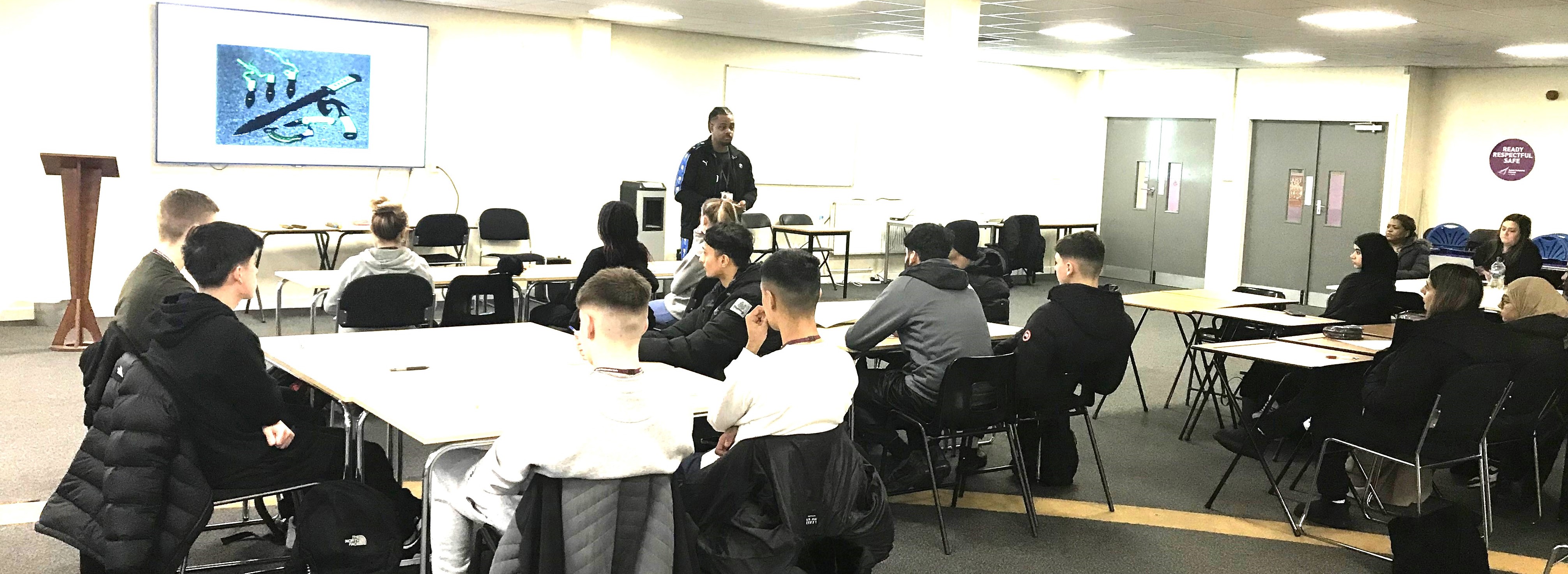 Malachi from Ambitious Lives speaks to students about knife crime.